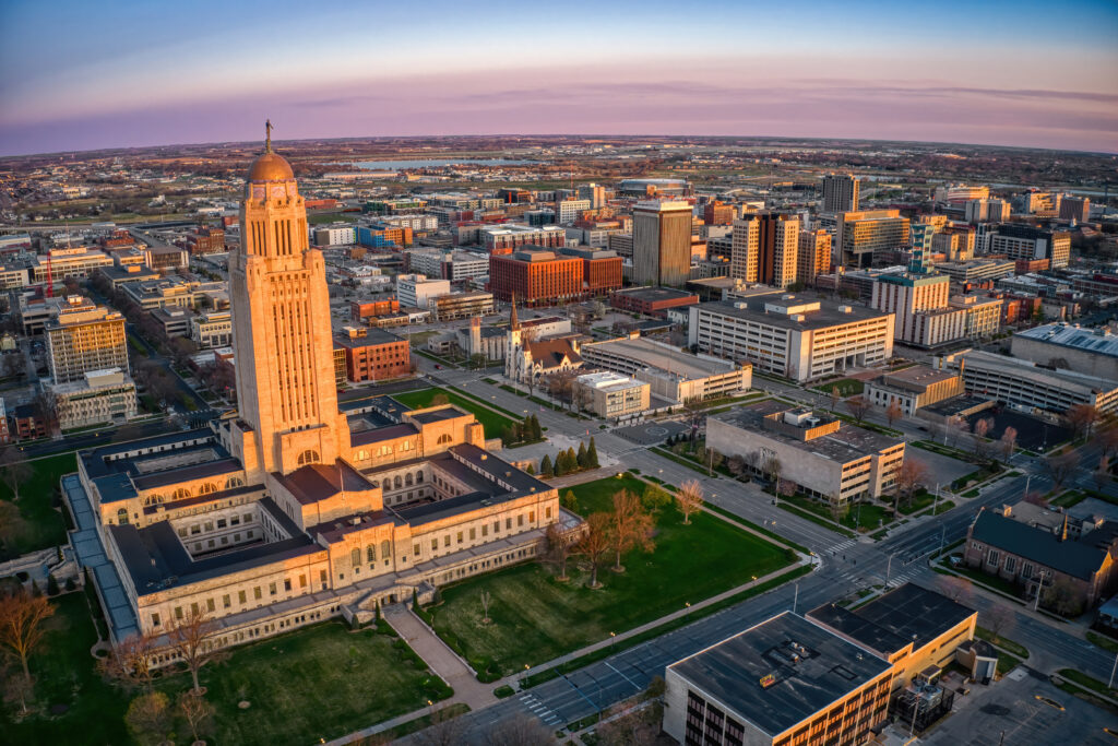 Aerial View of Downtown Lincoln, Nebraska at Twilight - Nebraska Mortgage Broker